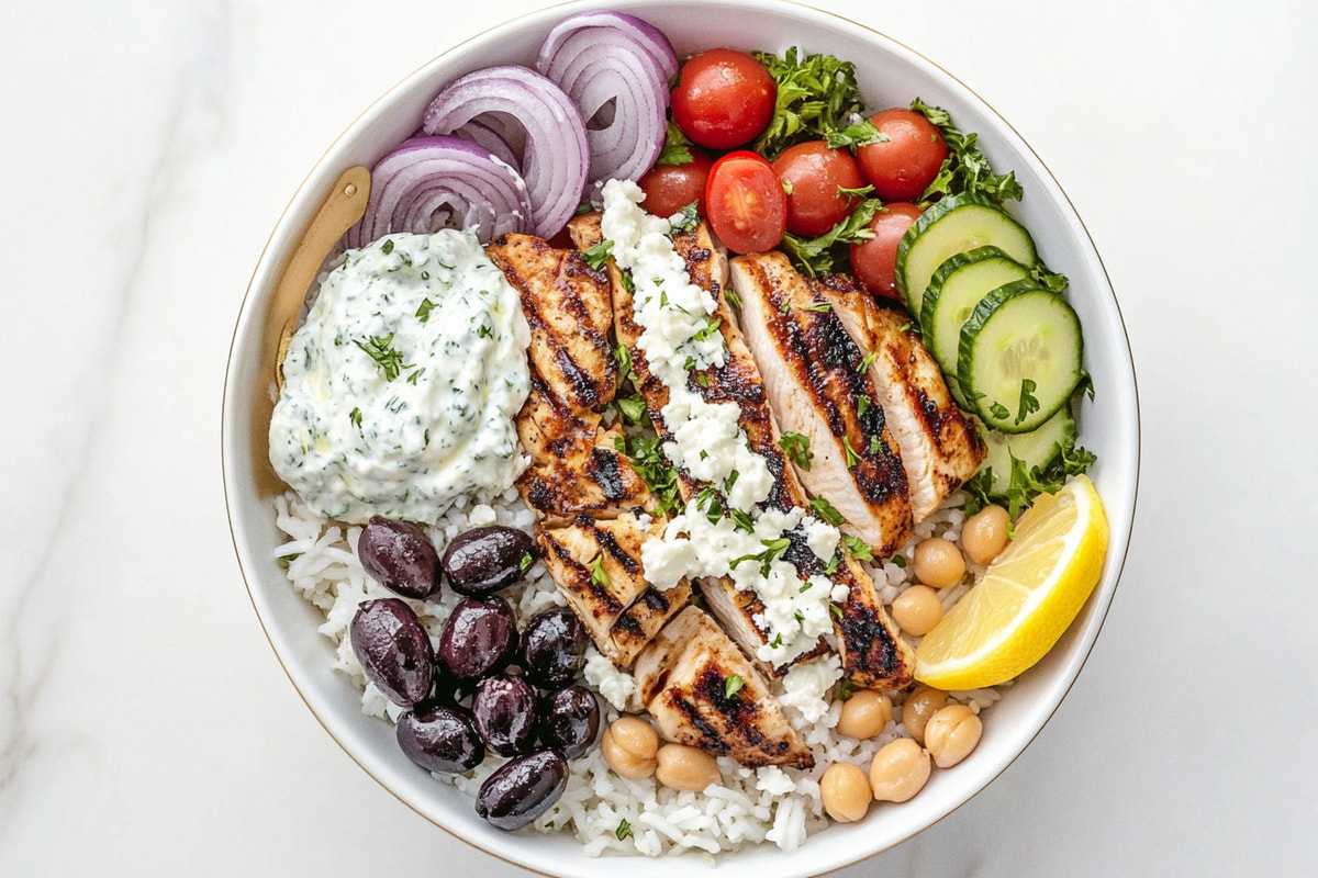 Tasty Greek Chicken & Chickpea Protein Bowl (w/ Homemade Tzatziki Sauce)