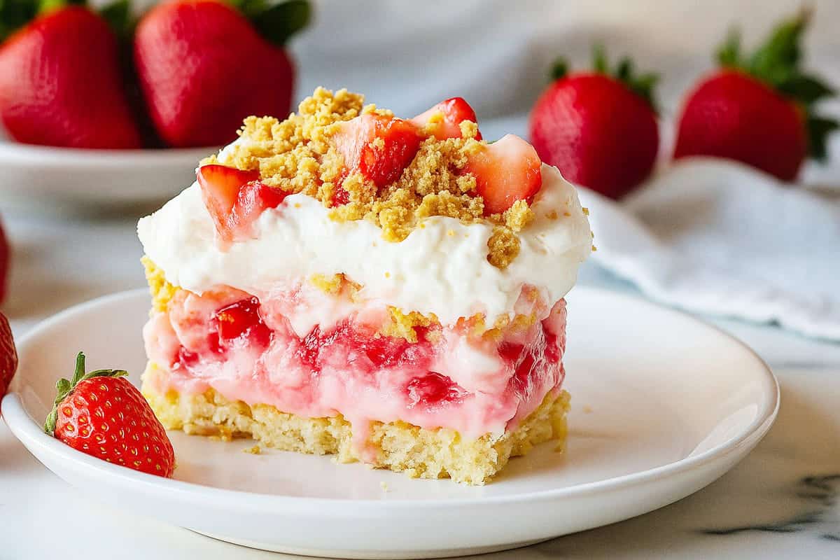 Strawberry Crunch Poke Cake